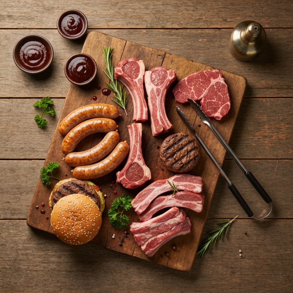 BBQ meat pack with sausages, lamb chops, ribs and beef patties on a wooden board
