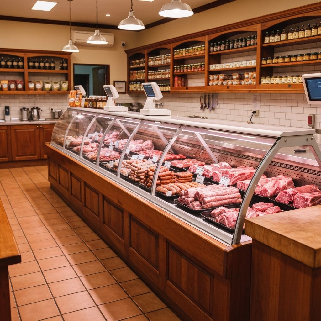 Inside the Calen Country Meats butcher shop showing the fresh meat display counter