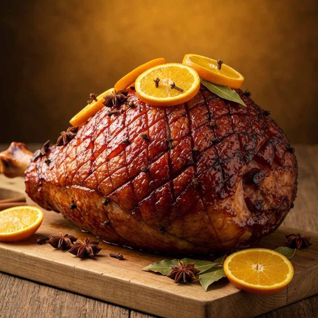 Glazed smoked Christmas ham decorated with oranges and cloves on a wooden board